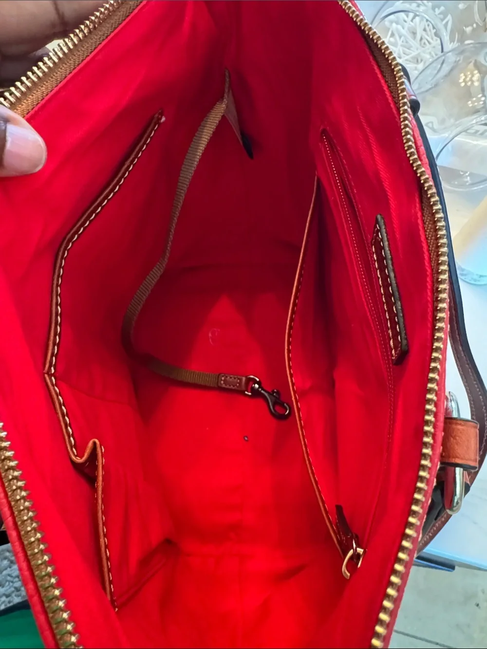 Dooney & Bourke Red Pebbled Leather Tote with Brown Handles